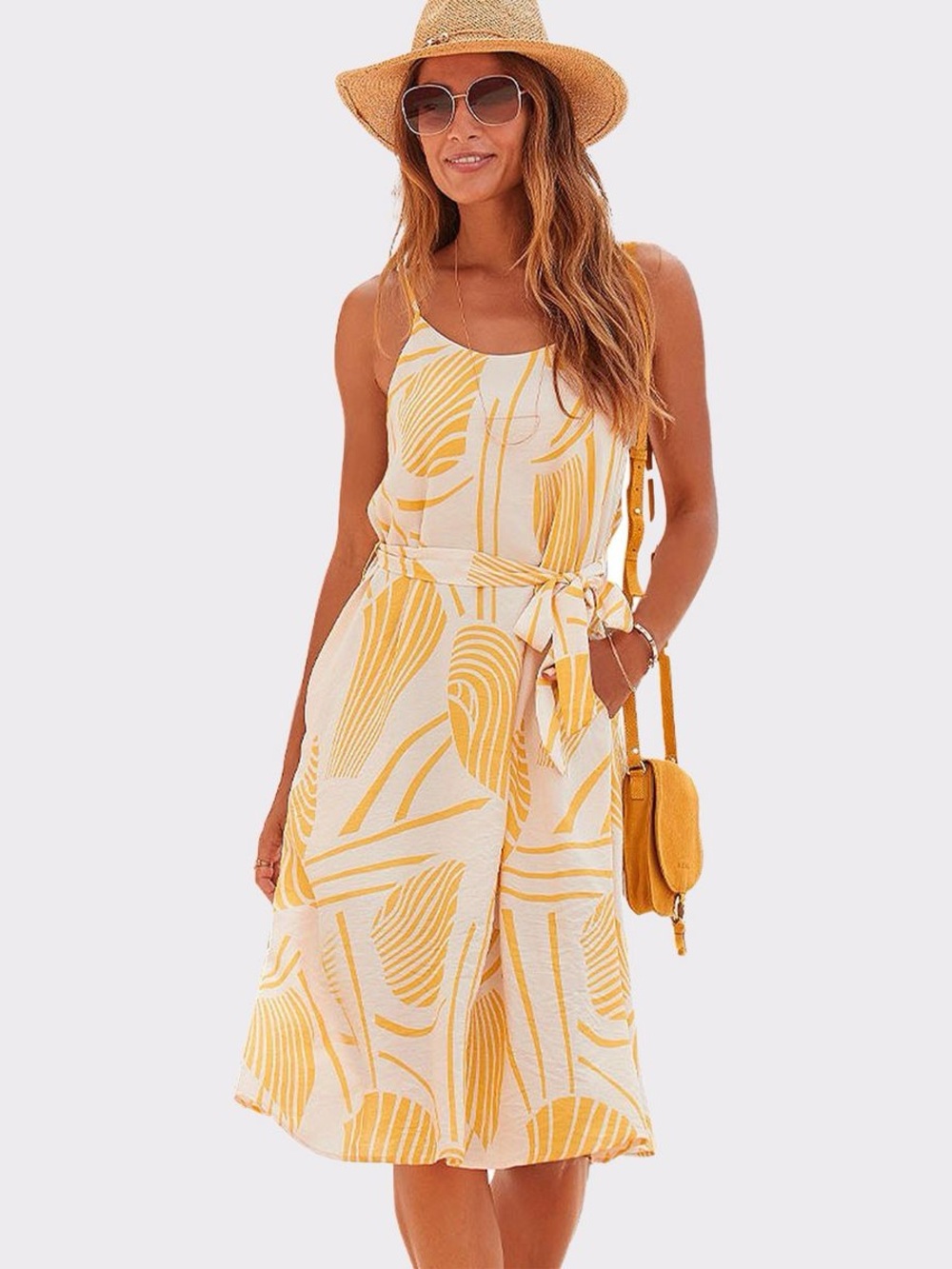 Lascana Midi Sundress Yellow Palm Leaf Print Tie Waist Boho Resort Summer NWOT M